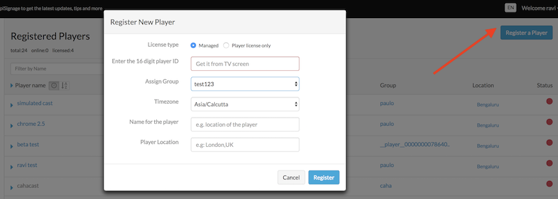 Register a player in the classic interface