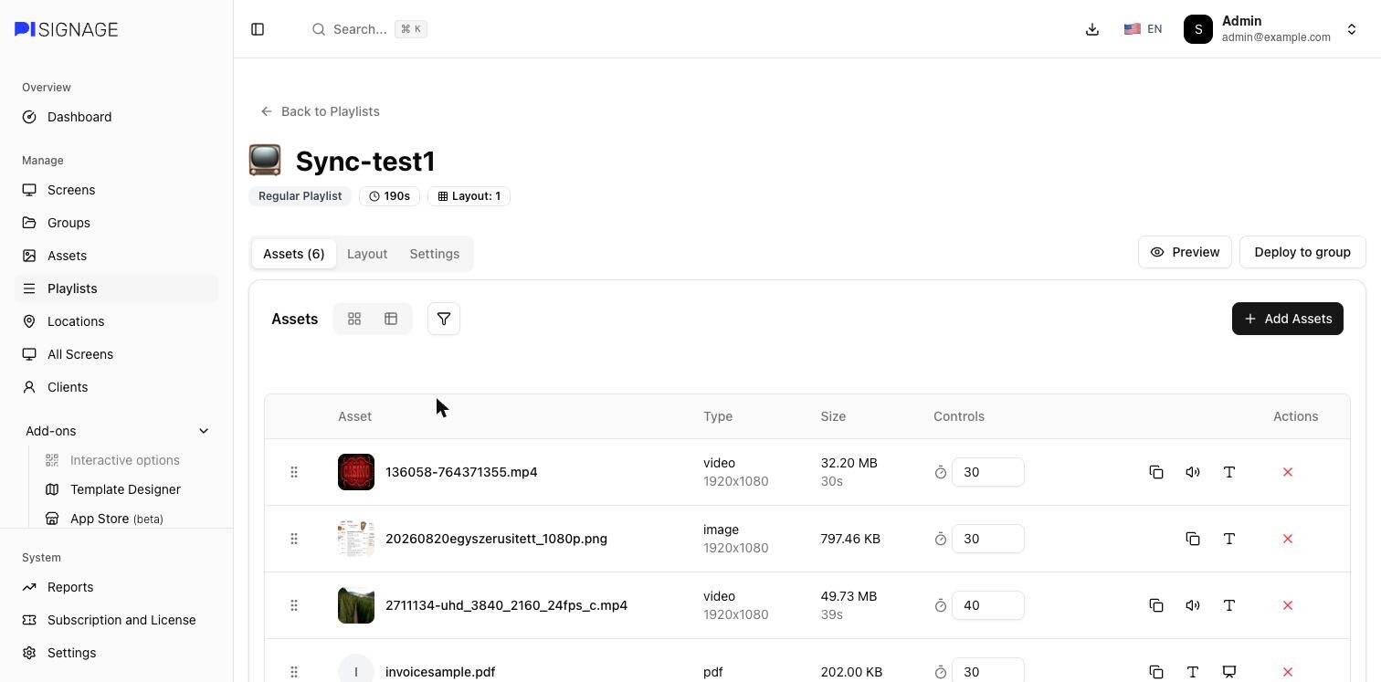 Playlist editor: each row has a duration in the Controls column