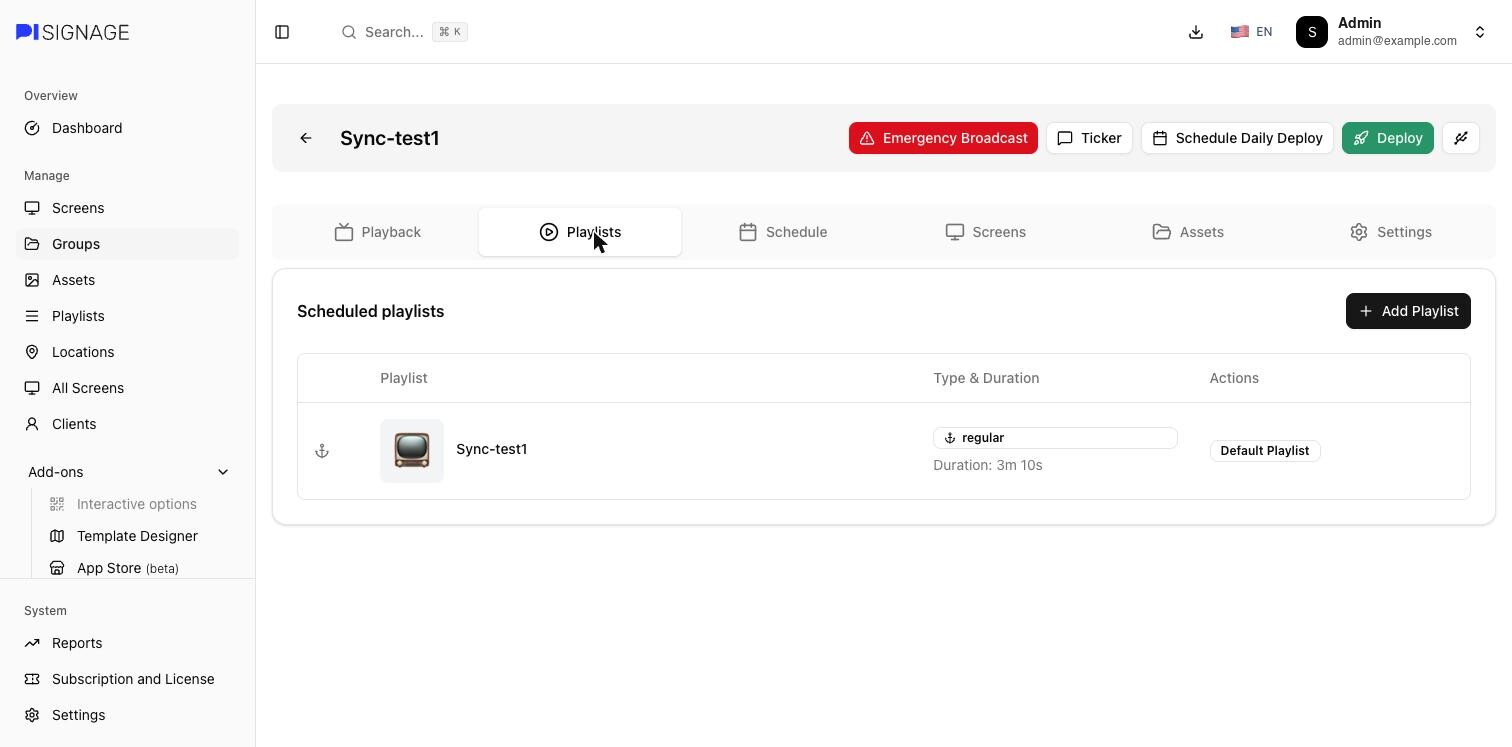 The group's Playlists tab with the playlist set as Default Playlist; Deploy is in the group header