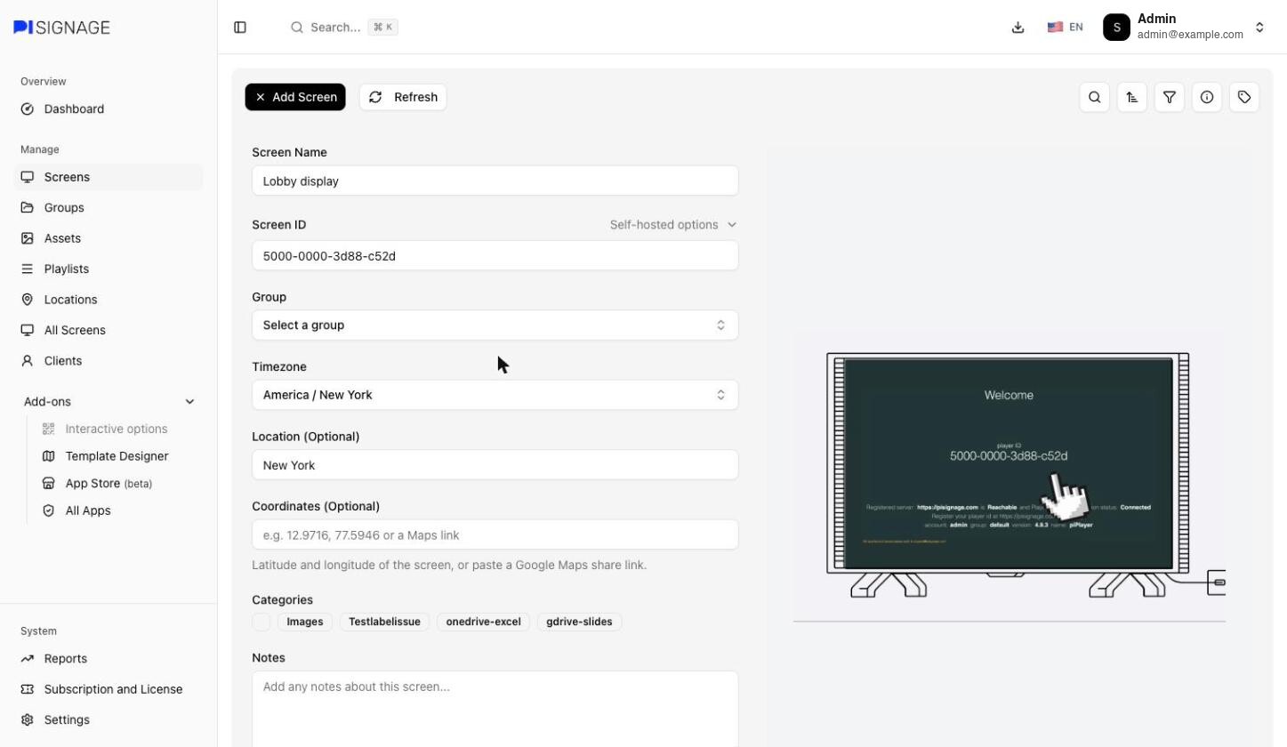 The Add Screen form with the screen name, screen ID, group and timezone filled in