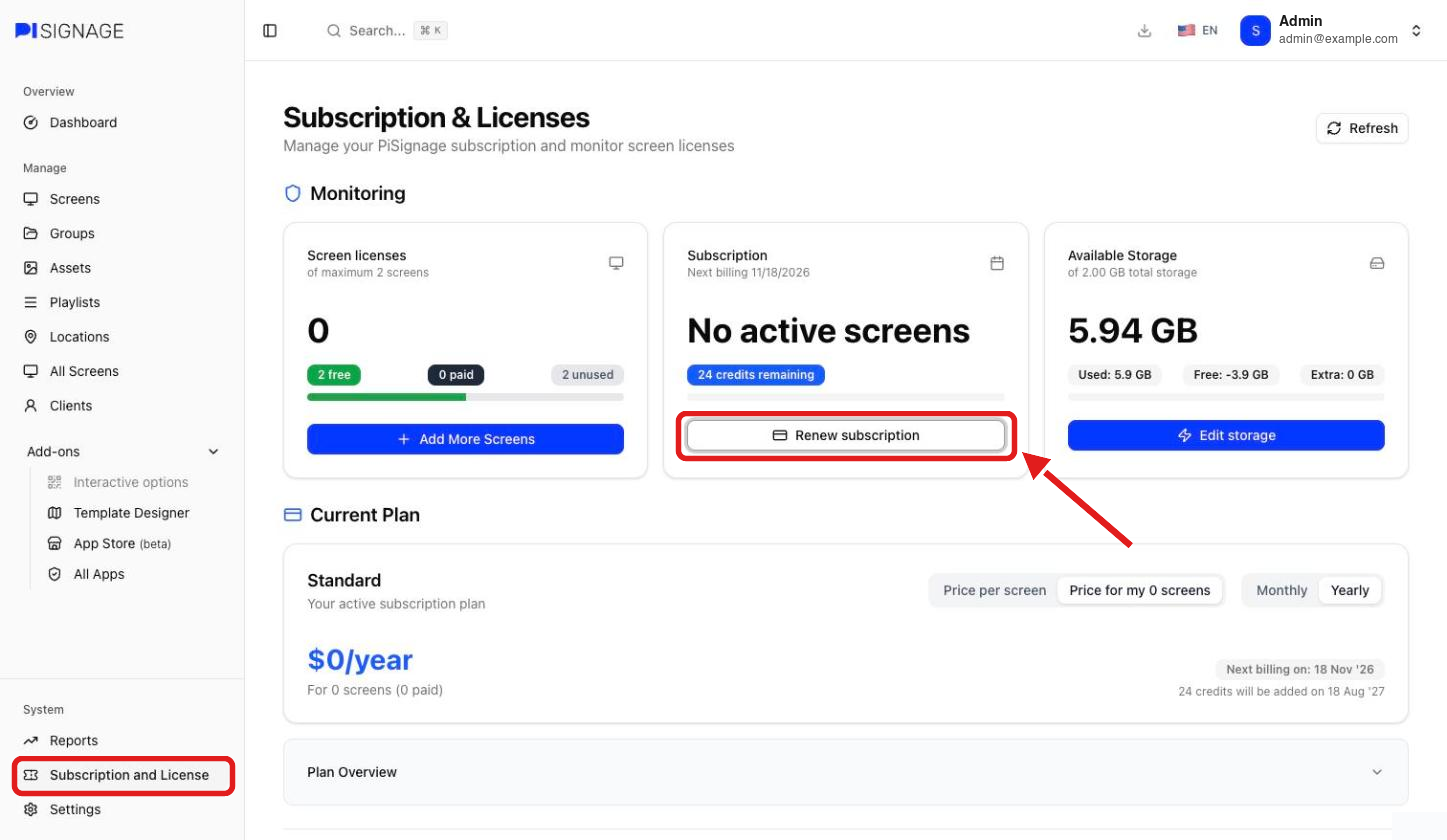 Subscription and Licenses page with the Renew subscription button