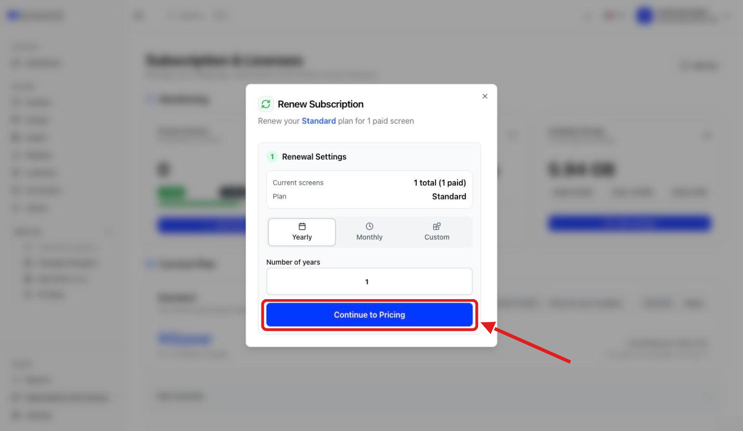 Renew Subscription dialog with Yearly, Monthly and Custom options