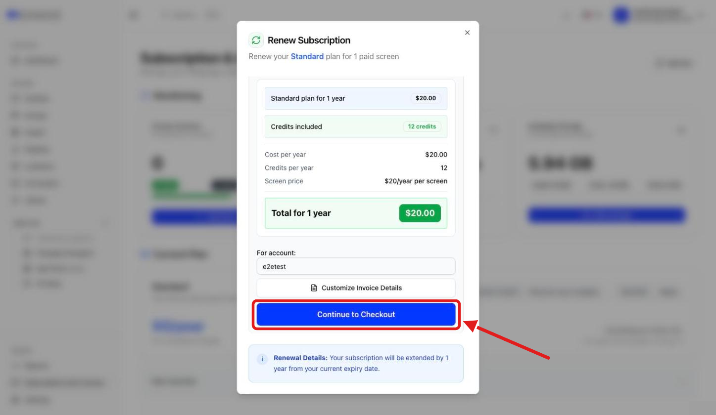 Renewal breakdown with total, account name and Continue to Checkout button