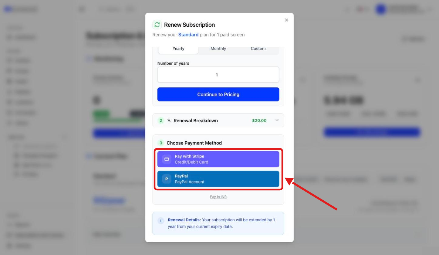 Choose Payment Method step with Stripe, PayPal and Pay in INR options