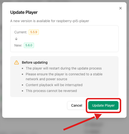 Update Player dialog showing current and new version with the Update Player button highlighted