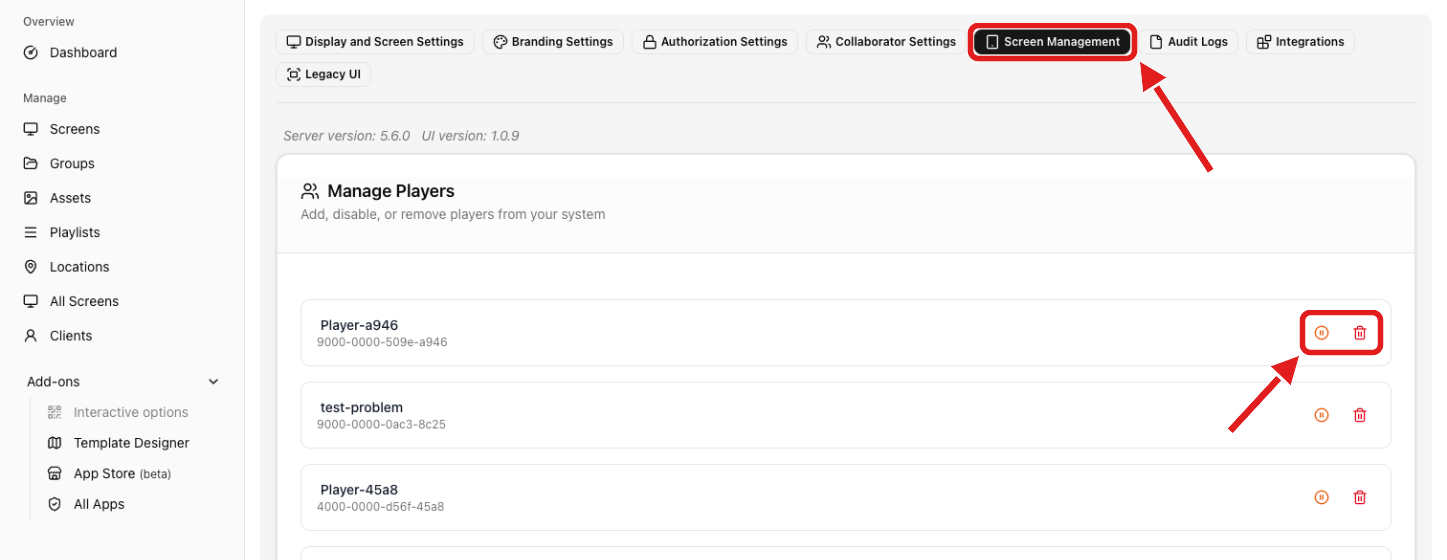 Settings, Screen Management tab, Manage Players list with the Disable and Remove player icons highlighted