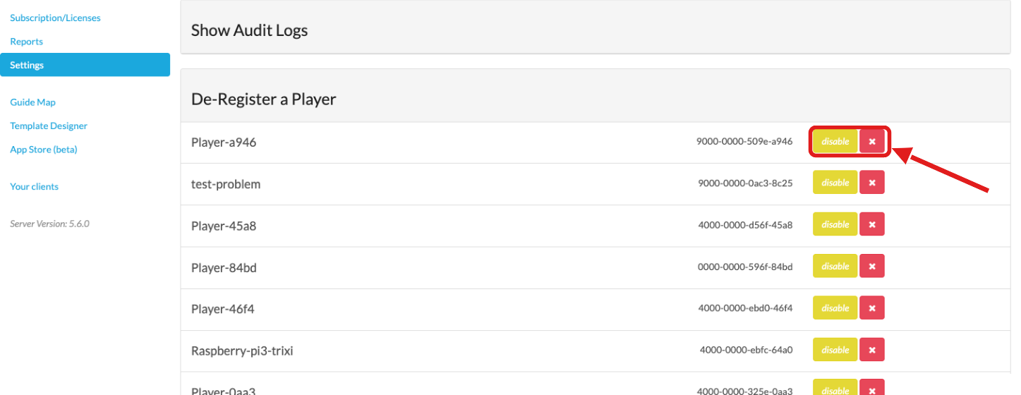 Classic Settings page, De-Register a Player section with the disable and delete buttons highlighted