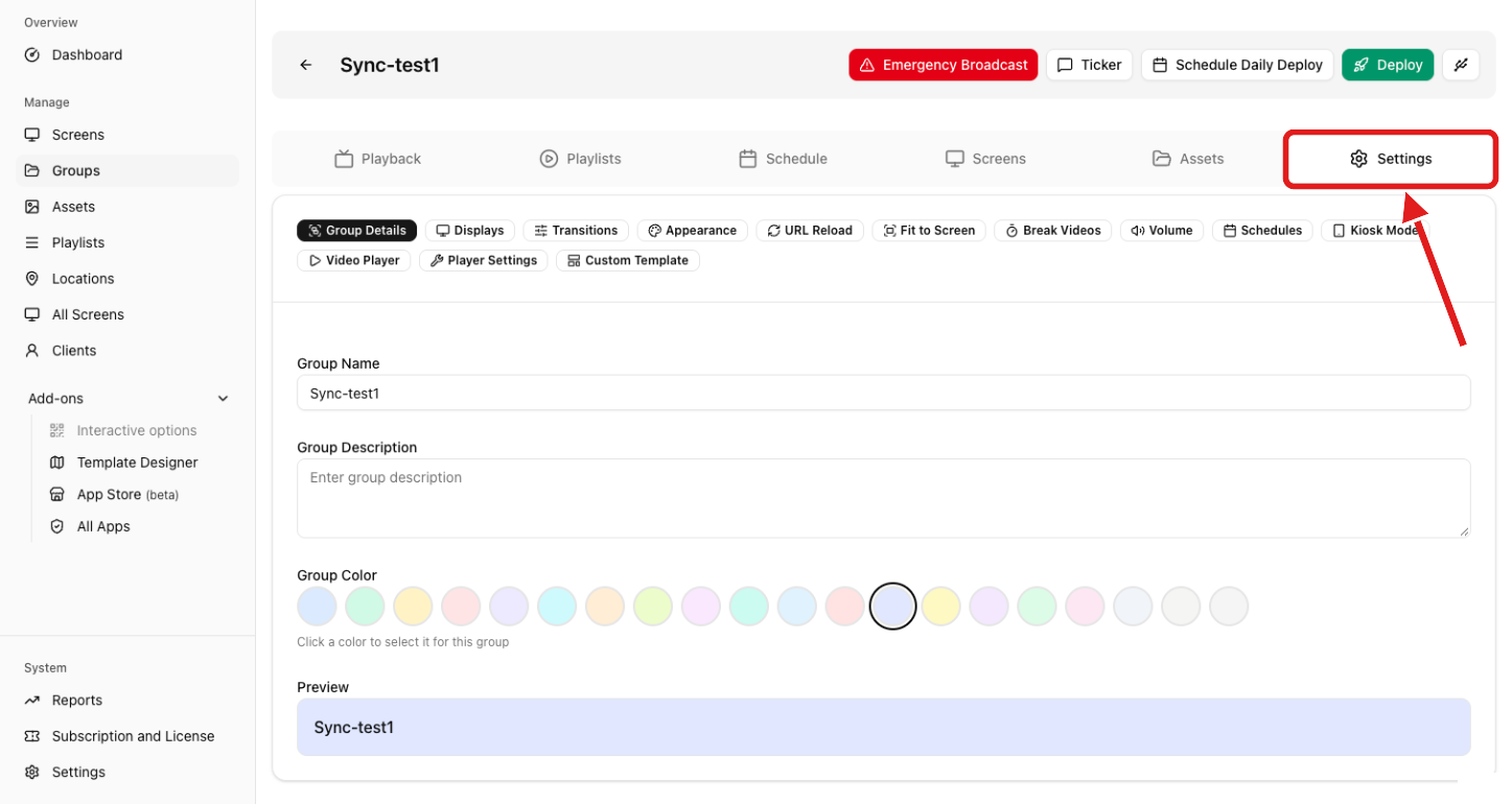 Group page with the Settings tab and the row of settings sections