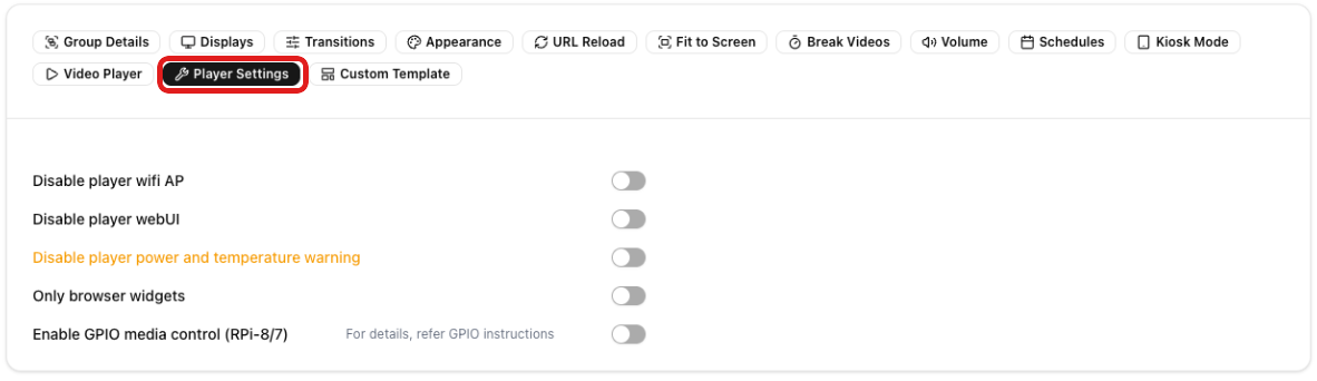 Player Settings section